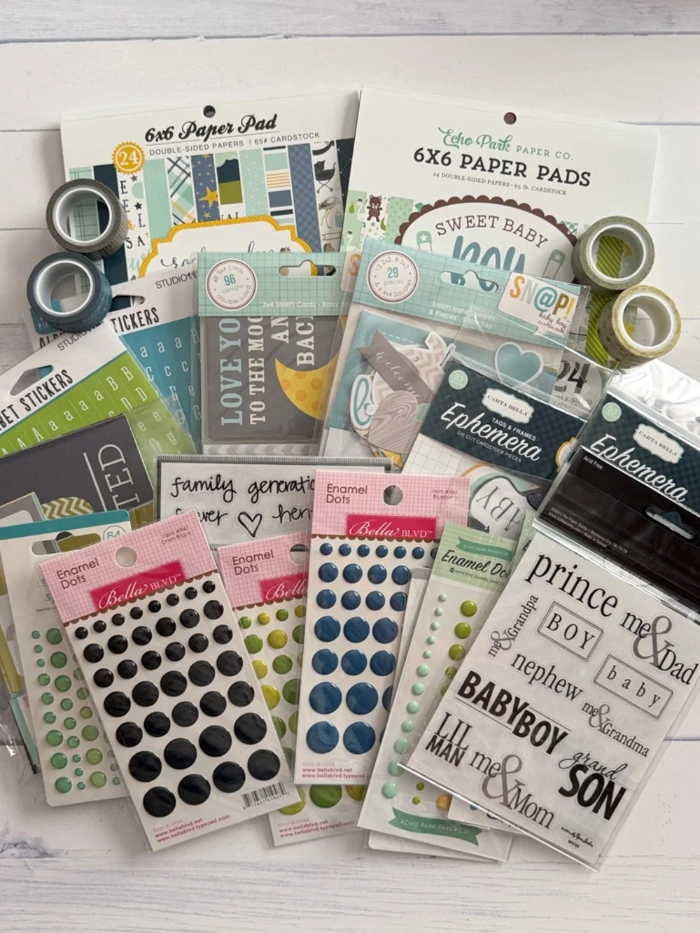 Baby Boy Scrapbook Embellishment Bundle | 24+ Pieces | Stickers | Paper Pads